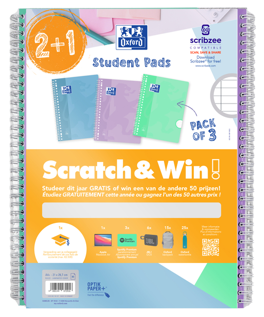 Bloc collège Oxford School A4+ ligné 23 perf 160 pages 80g Scratch&Win pastel ass