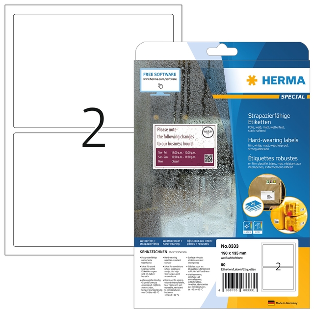 Etiquette HERMA 8333 190x135mm résistante aux intempéries blanc 50 étiquettes