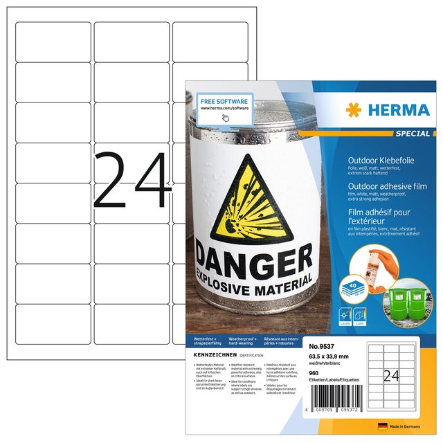 Etiquette HERMA 9537 63,5x33,9mm résistante intempéries blanc 960 étiquettes