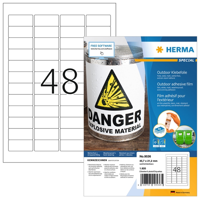 Etiket HERMA 9536 45.7x21.2mm weerbestendig wit 1920 stuks