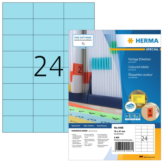 Etiket HERMA 4408 70x37mm blauw 2400 etiketten