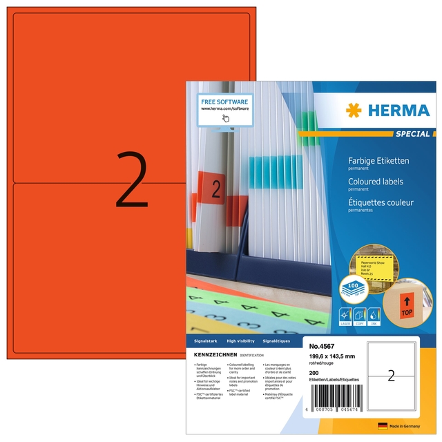 Etiquette HERMA 4567 199,5x143,5mm rouge 200 étiquettes