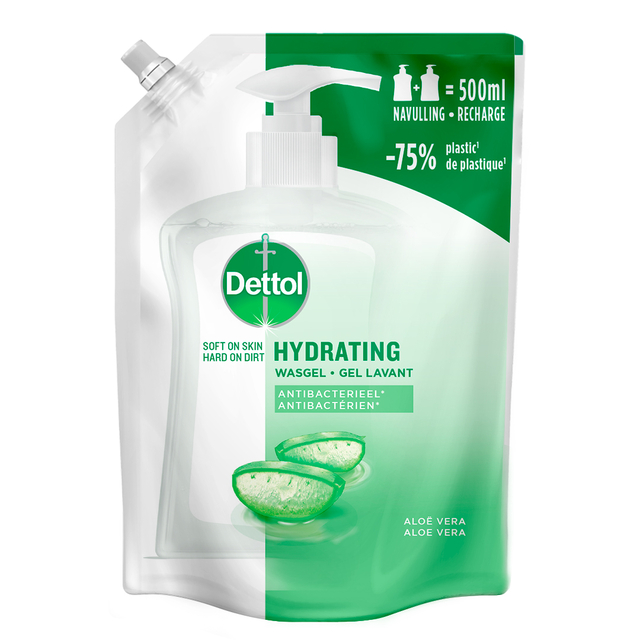 Savon mains Dettol Hydrating Aloe Vera antibactérien 500ml recharge No-Touch