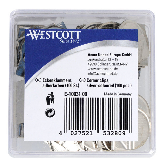 Attache-coins Westcott aluminium argenté boîte 100 pièces