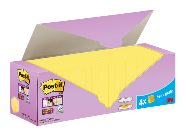 Notes 3M Post-it 654-SSCY Super Sticky 76x76mm jaune lot promo