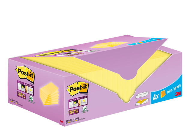 Notes 3M Post-it 655-SSCY Super Sticky 76x127mm jaune lot promo