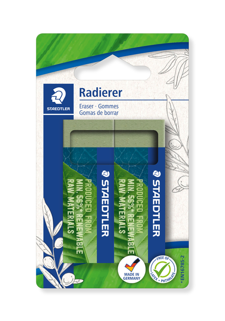 Gomme Staedtler Eco 5280 65x23x10mm vert olive blister 2 pièces