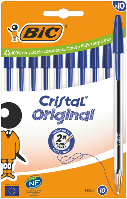 Stylo bille BIC Cristal Medium bleu blister 10 pièces