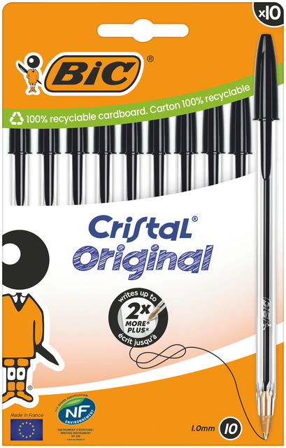 Stylo bille BIC Cristal Medium noir blister 10 pièces