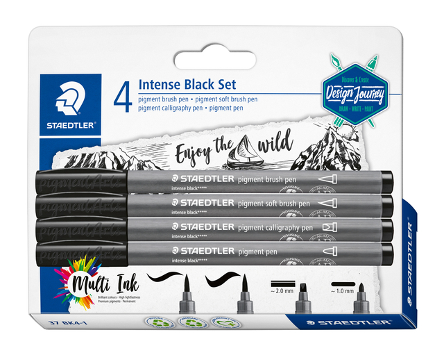 Brushpen Staedtler PigmentArts Intens zwart set à 4 schrijfbreedtes