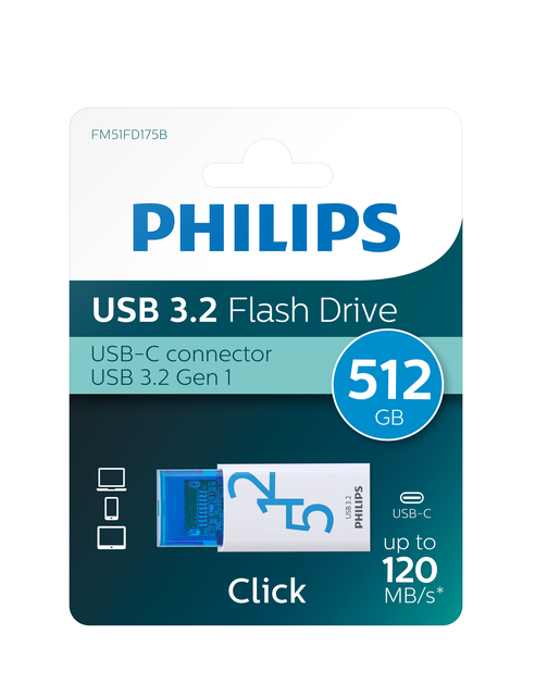 Clé USB 3.2 Philips Click USB-C 512Go bleu