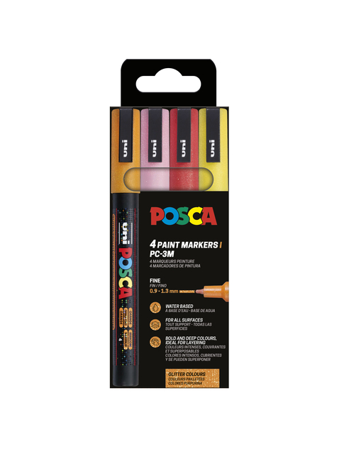Marqueur peinture Posca PC3M Fin couleurs chaudes pailletées set 4 pièces