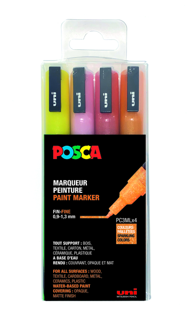 Verfstift Posca PC3M fijn glitter warm assorti set à 4 stuks