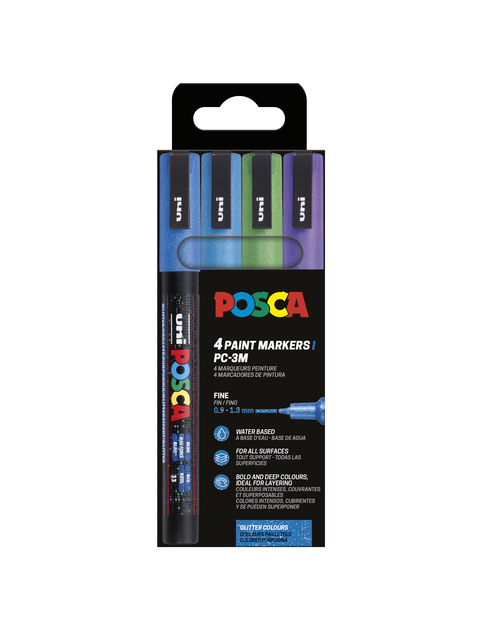 Marqueur peinture Posca PC3M Fin couleurs froides pailletées set 4 pièces