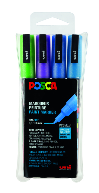 Marqueur peinture Posca PC3M Fin couleurs froides pailletées set 4 pièces