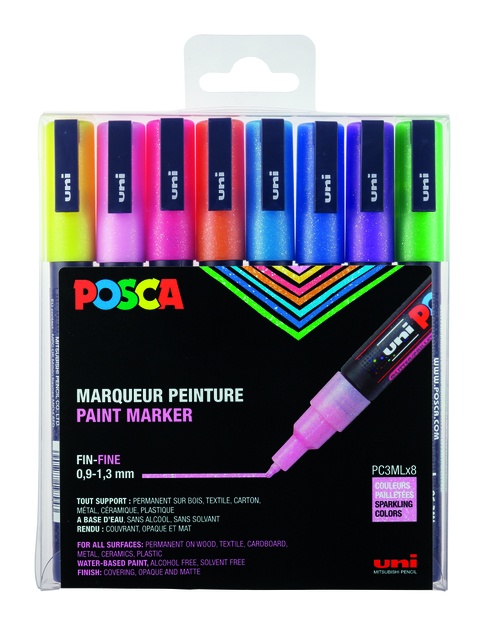 Marqueur peinture Posca PC3M Fin pastel pailleté set 8 pièces