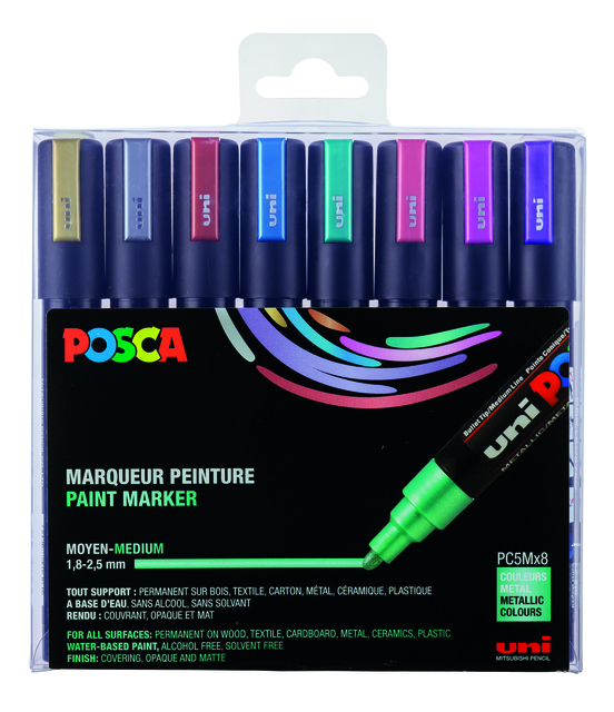 Marqueur peinture Posca PC5M Medium assorti métal set 8 pièces