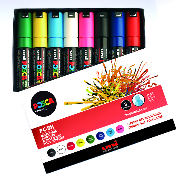 Paintmarker Uni POSCA PC8K breed schuin assorti set à 8 stuks