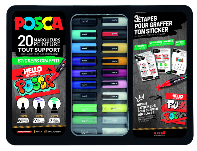 Paintmarker Uni POSCA Sticker Graffiti assorti metalen koffer à 20st
