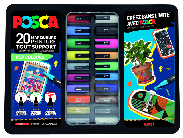 Marqueur peinture Posca Pop Colours assorti coffret métal 20 pièces