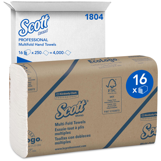 Essuie-mains Scott 1804 pli-M 1 épaisseur 23x23,5cm 16x 250 pièces blanc