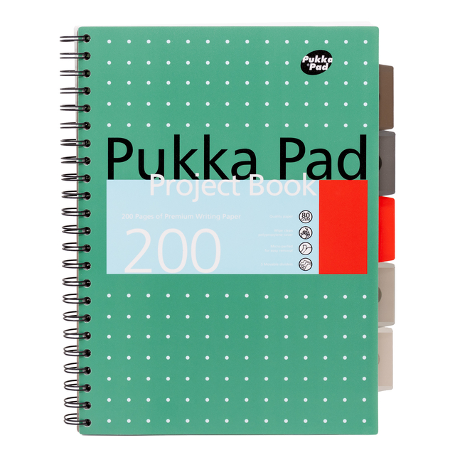 Carnet de projets Pukka Pad Metallic A4 ligné 5 intercalaires 200 pages 80g vert