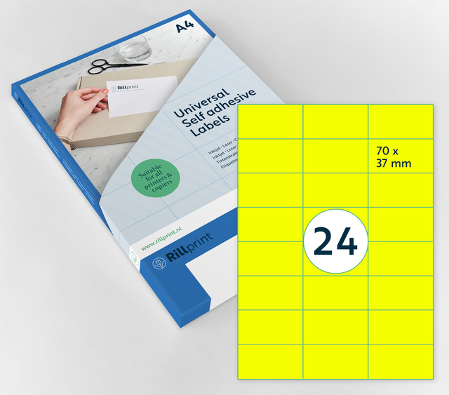 Etiket Rillprint 70x37mm fluor geel 2400 stuks