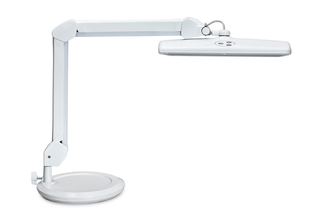 Lampe de travail MAULintro LED dimmable sur socle blanc