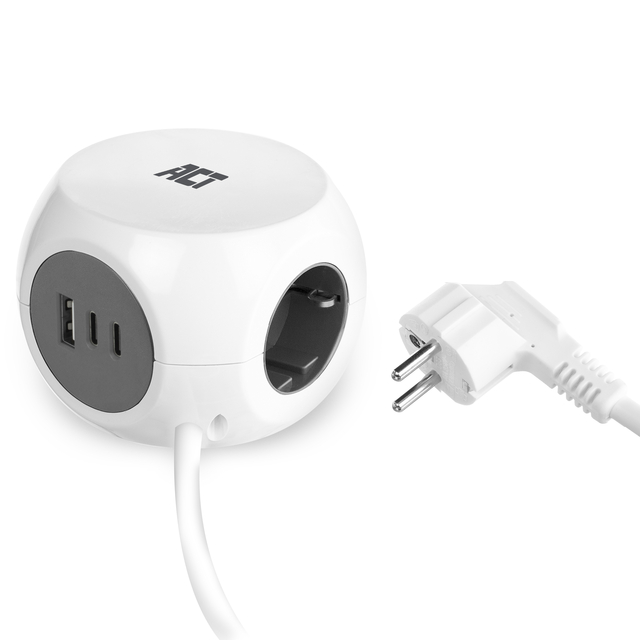 Cube multiprise ACT 3 prises inclus 2x USB C/A 1,5m blanc/gris