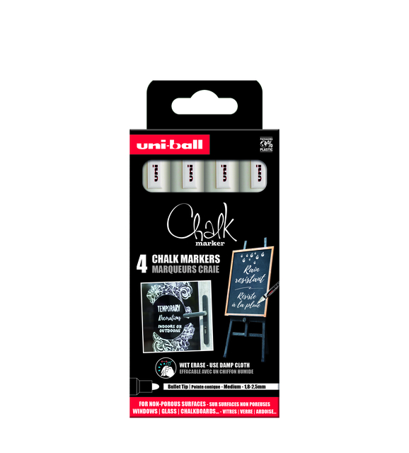 Marqueur craie Uni-Ball ogive 1,8-2,5mm blanc set 4 pièces