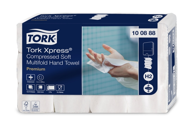 Essuie-mains Tork H2 Xpress compressé Premium 100888 Multifold 2 ép 212x320mm 12x 170fls blanc