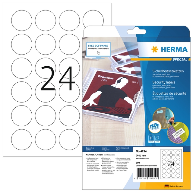 Etiquette de sécurité HERMA 4234 ronde 40mm blanc 600 étiquettes