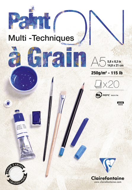 Bloc à dessin Clairefontaine Paint On A5 granuleux 20 feuilles 250g