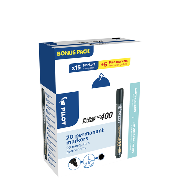Marqueur permanent PILOT 400 biseauté Large noir 15+5 gratuits