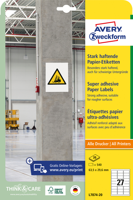 Etiket Avery Zweckform L7874-20 63.5x29.6mm 540 etiketten