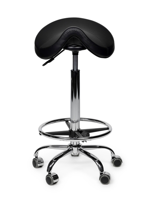 Zadelkruk Office Premium hoog met voetring harde wielen zw