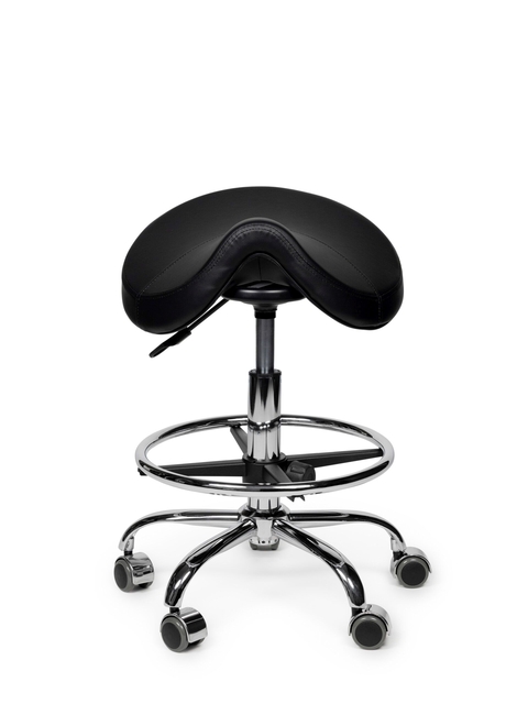 Zadelkruk Office Premium laag met voetring harde wielen zw