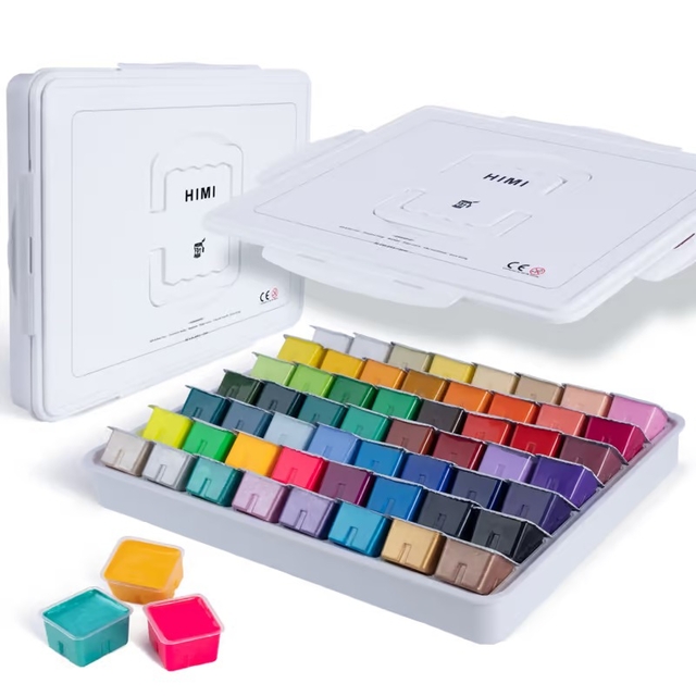 Gouache HIMI 56 couleurs 30g inclus néon et métallisé boîte de rangement blanche