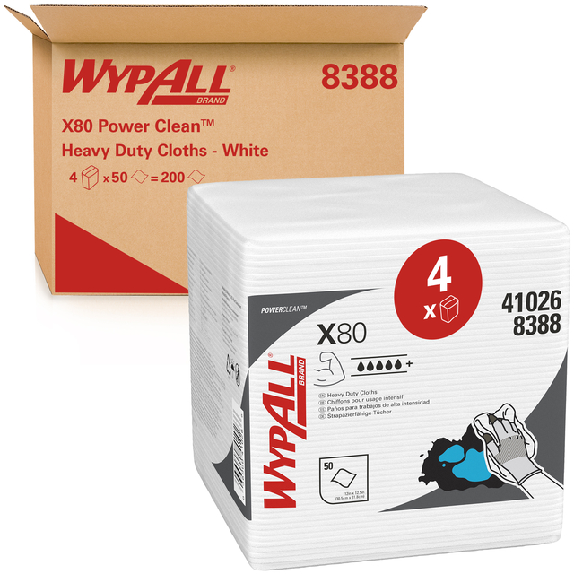 Chiffon de nettoyage WypAll X80 PowerClean 305x317mm 4x 50 feuilles blanc 8388