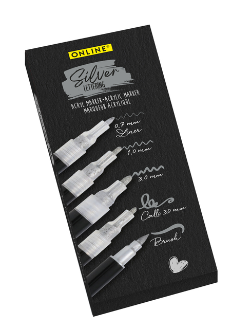 Acrylmarker Online lettering 5 breedtes zilver