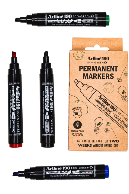 Permanent marker Artline 190  Dry Safe Eco schuin 2-5mm assorti 4st