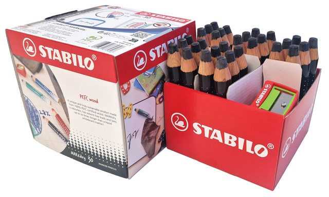 Crayon tableau blanc STABILO MARKdry avec 2 taille-crayons noir Classpack 30pcs