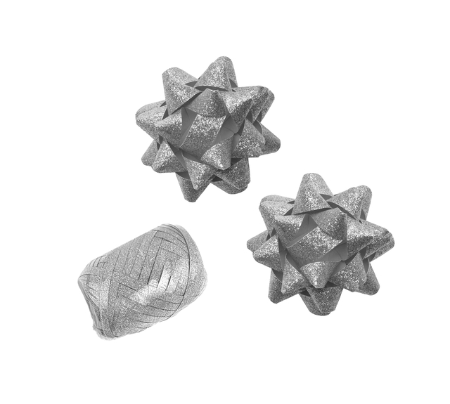 Ruban cadeau Polyband + 2 rosettes argent pailleté