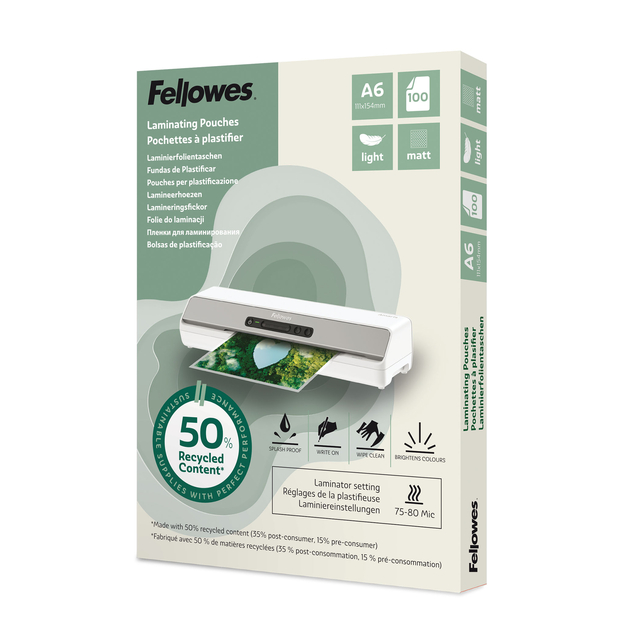 Pochette de plastification Fellowes A6 2x75 micron recyclé mat 100 pièces