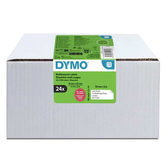 Etiket Dymo LabelWriter multifunctioneel 19x51mm 24 rollen á 500 stuks wit