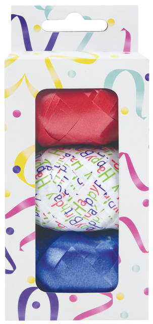Ruban cadeau 3 couleurs rouge bleu et blanc avec happy birthday
