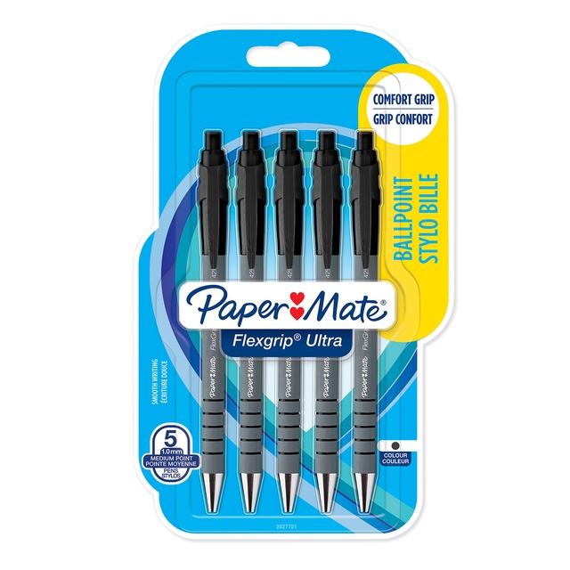 Stylo bille Paper Mate Flexgrip Ultra Medium noir blister 5 pièces