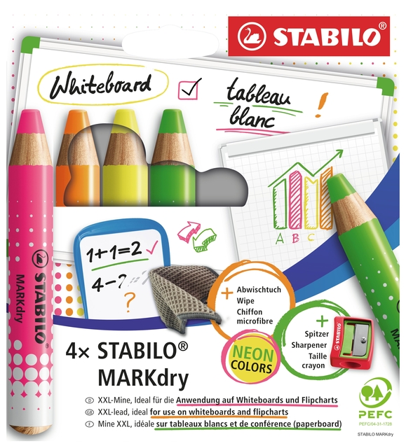 Whiteboardpotlood STABILO MARKdry etui à 4 neon kleuren