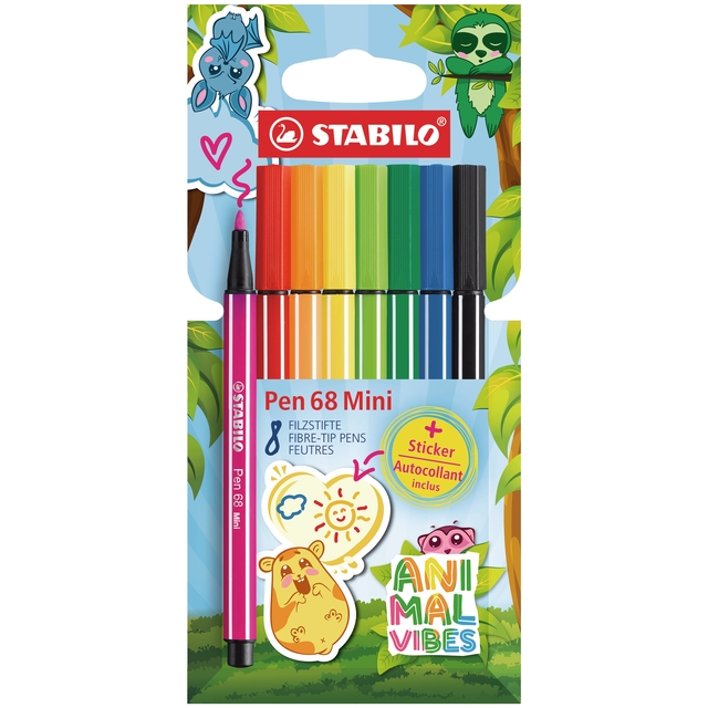 Viltstift STABILO Pen 68 Animal Vibes mini medium assorti 8 stuks