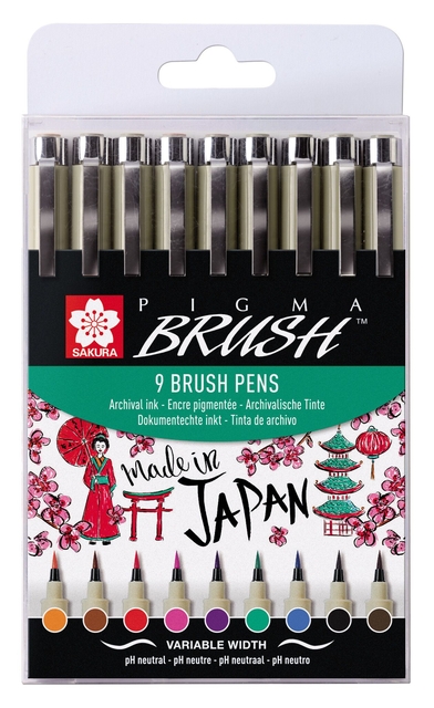 Feutre pinceau Bruynzeel Sakura Pigma étui 9 couleurs